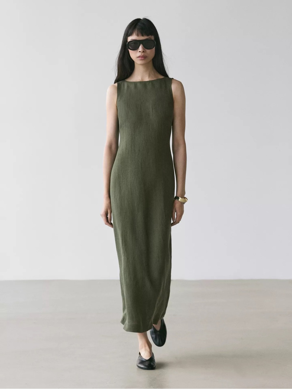 Massimo Dutti Linen Olive Green Sleeveless Maxi Dress - Picture 2 of 9